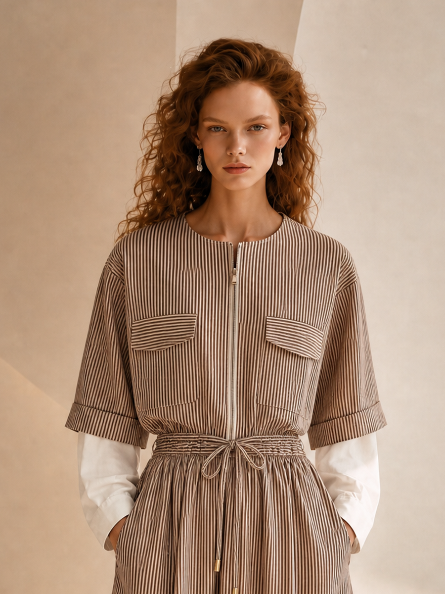 Women's Elegant Cotton Pinstripe Layered Round-Neck Zip-Front Drawstring Belted A-Line Midi Dress MDZ1273H7CMX