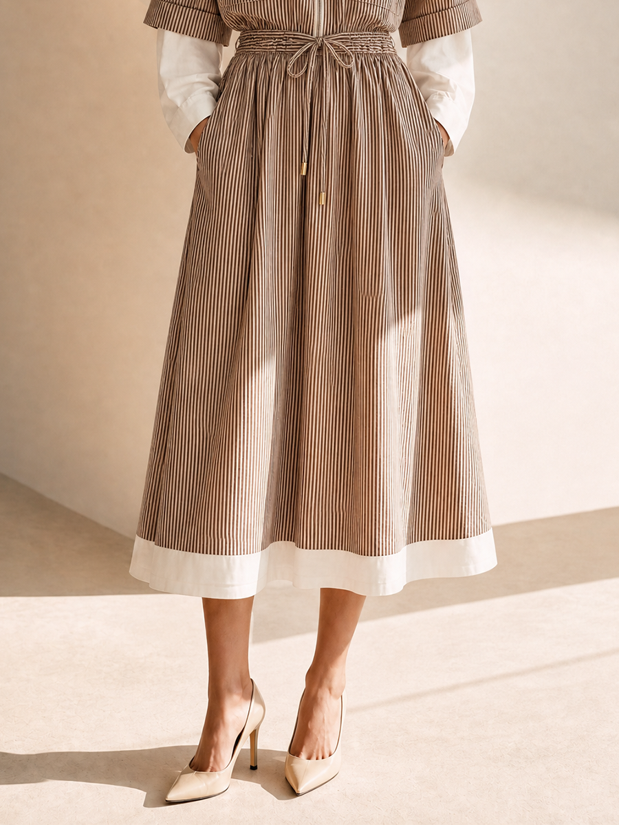 Women's Elegant Cotton Pinstripe Layered Round-Neck Zip-Front Drawstring Belted A-Line Midi Dress MDZ1273H7CMX