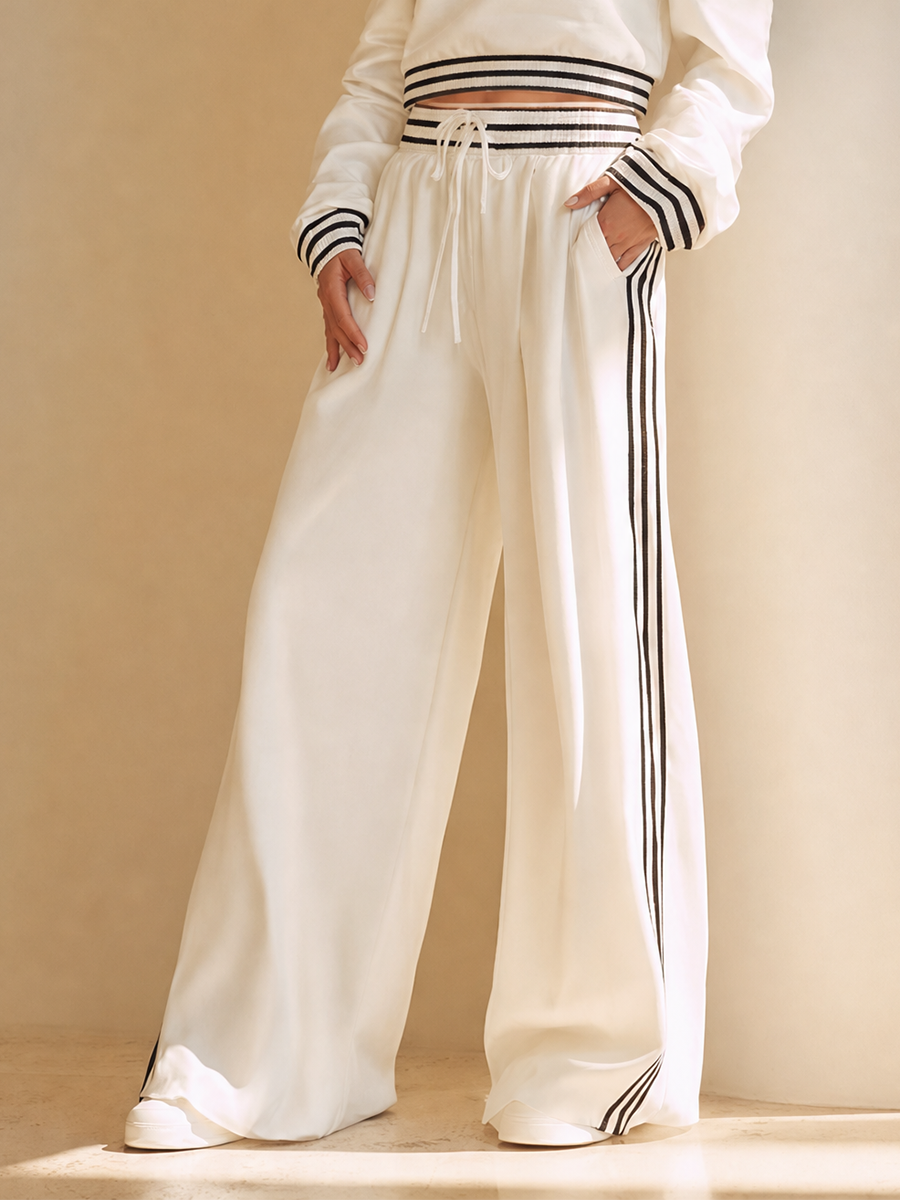 Women's Sporty Contrast-Stripe Off-Shoulder Long-Sleeve Cropped Top & Drawstring Wide-Leg Trouser Set MDZ1267H9CMX