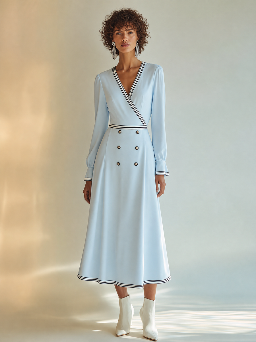 Women's Elegant Contrast-Stripe-Trim V-Neck Double-Breasted Long-Sleeve A-Line Midi Dress MDZ1219H8CMX