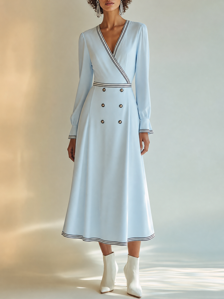 Women's Elegant Contrast-Stripe-Trim V-Neck Double-Breasted Long-Sleeve A-Line Midi Dress MDZ1219H8CMX