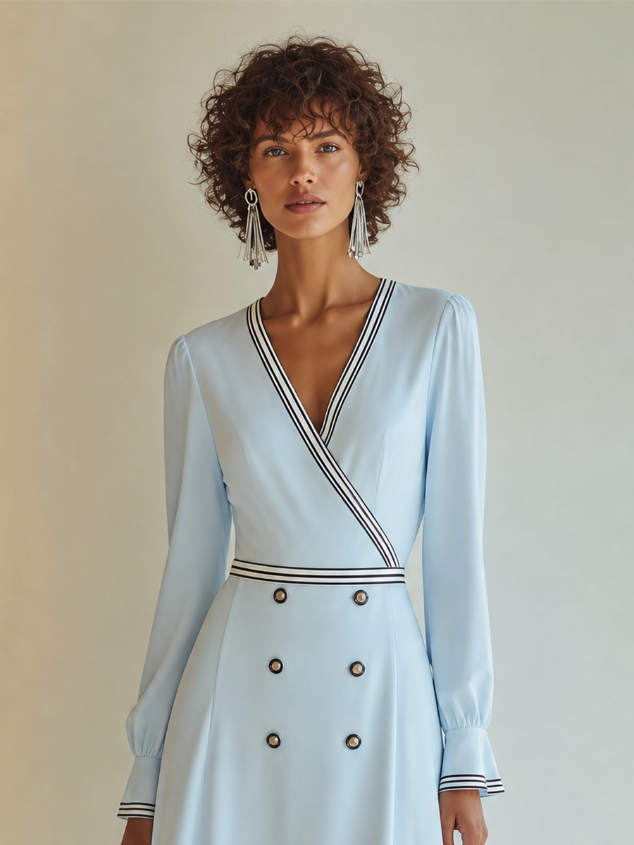 Women's Elegant Contrast-Stripe-Trim V-Neck Double-Breasted Long-Sleeve A-Line Midi Dress MDZ1219H8CMX