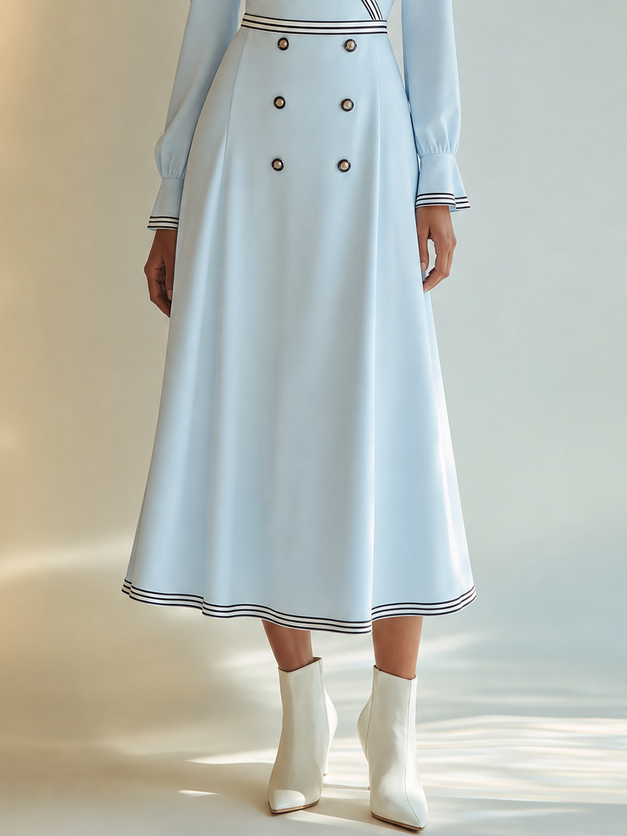 Women's Elegant Contrast-Stripe-Trim V-Neck Double-Breasted Long-Sleeve A-Line Midi Dress MDZ1219H8CMX