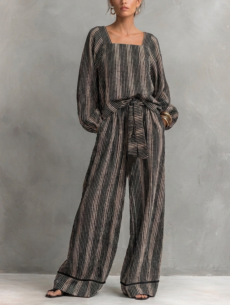 Women's Elegant Striped Print Square-Neck Long-Sleeve Top And Trousers 2-Piece Set MDZ1327H8LXY