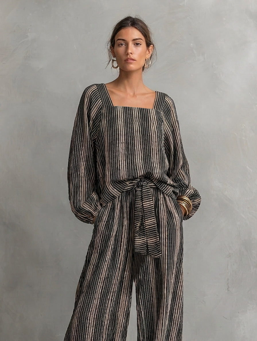Women's Elegant Striped Print Square-Neck Long-Sleeve Top And Trousers 2-Piece Set MDZ1327H8LXY