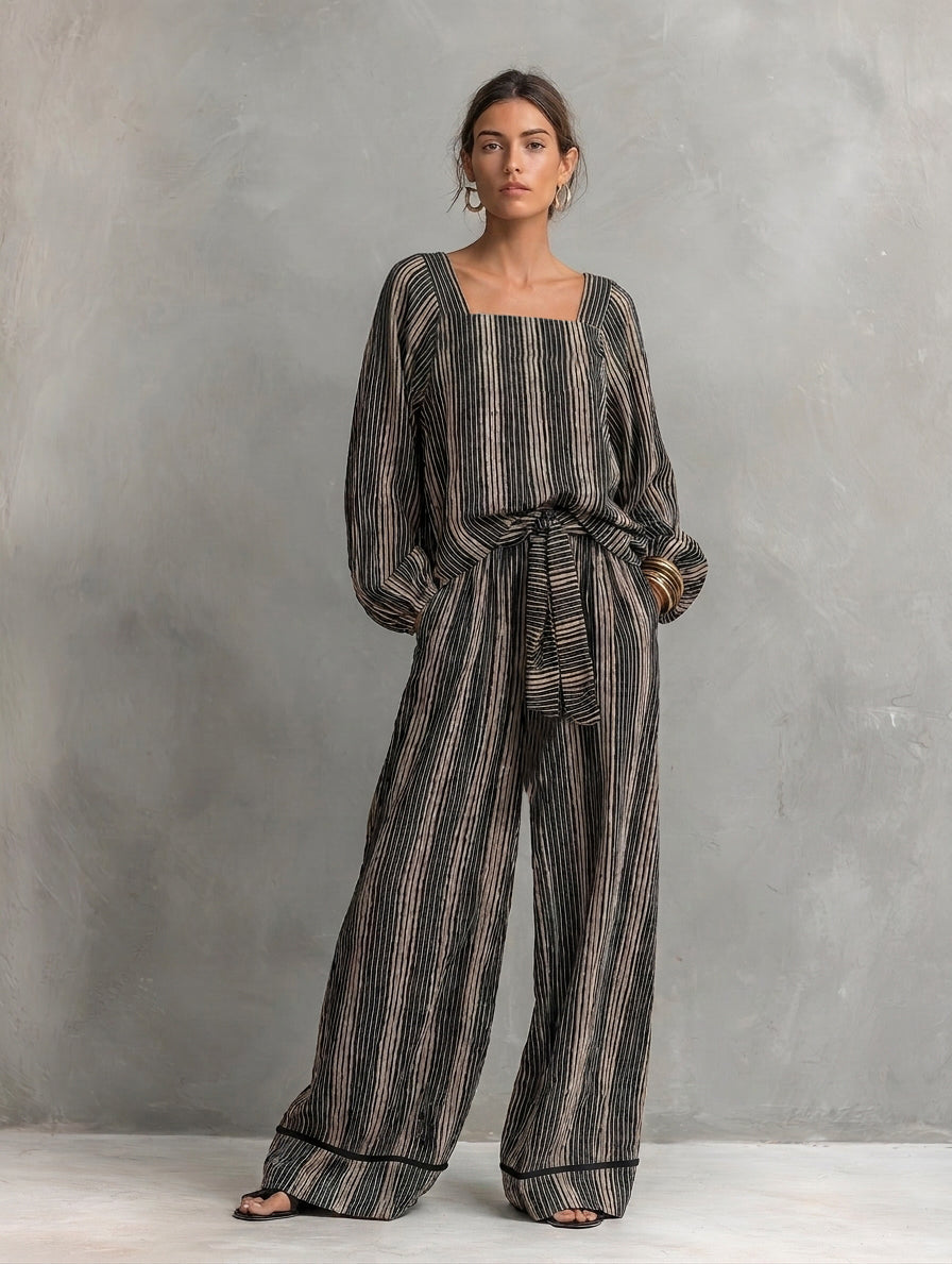 Women's Elegant Striped Print Square-Neck Long-Sleeve Top And Trousers 2-Piece Set MDZ1327H8LXY