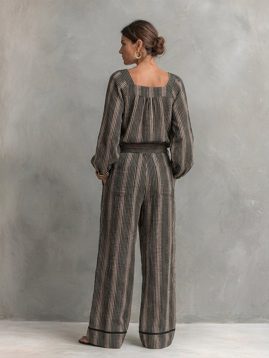 Women's Elegant Striped Print Square-Neck Long-Sleeve Top And Trousers 2-Piece Set MDZ1327H8LXY