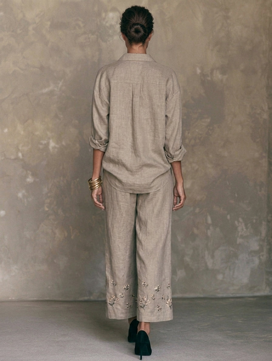 Women's Elegant Beige-Grey Cotton-Linen Shirt And Embroidered Trousers 2-Piece Set MDZ1378H6LXY