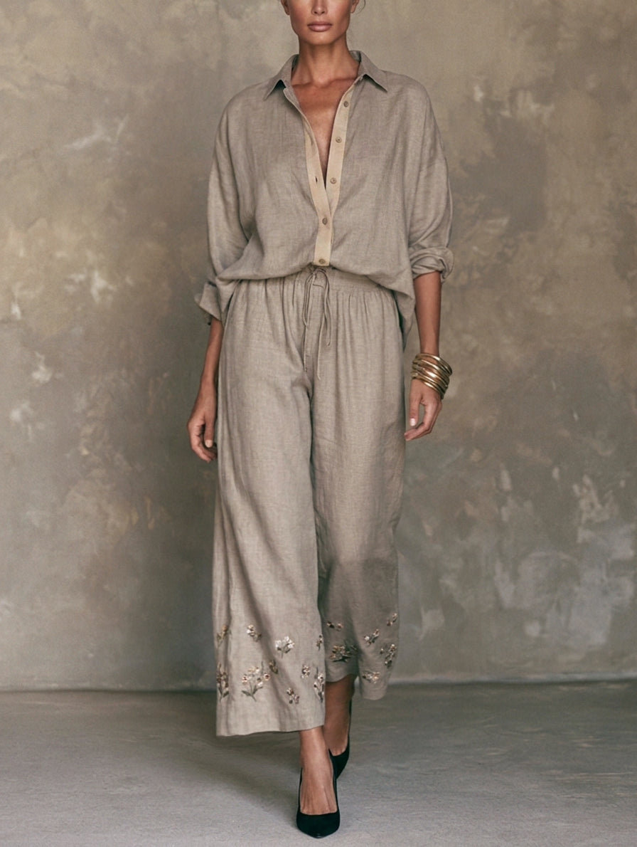 Women's Elegant Beige-Grey Cotton-Linen Shirt And Embroidered Trousers 2-Piece Set MDZ1378H6LXY