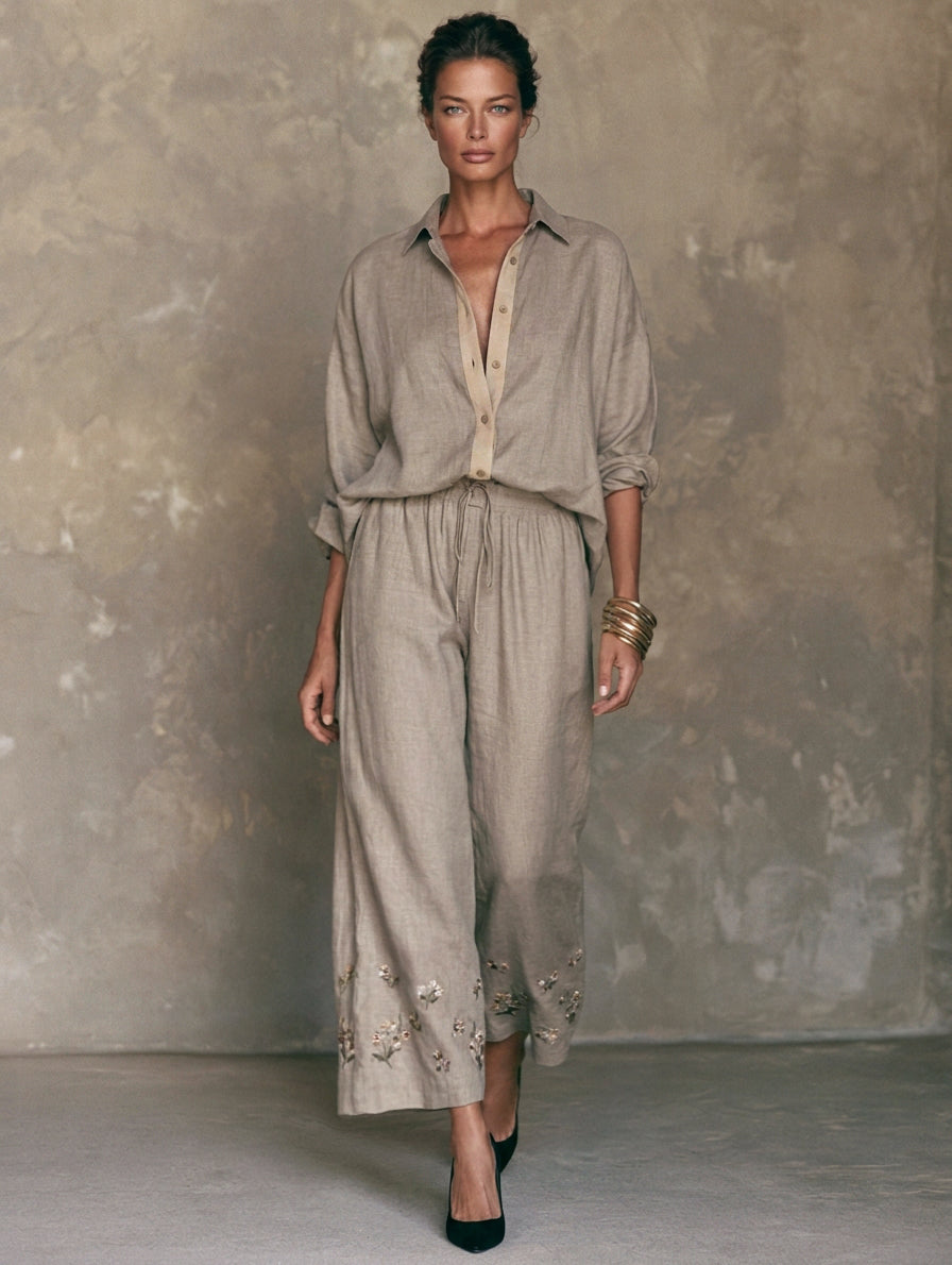 Women's Elegant Beige-Grey Cotton-Linen Shirt And Embroidered Trousers 2-Piece Set MDZ1378H6LXY