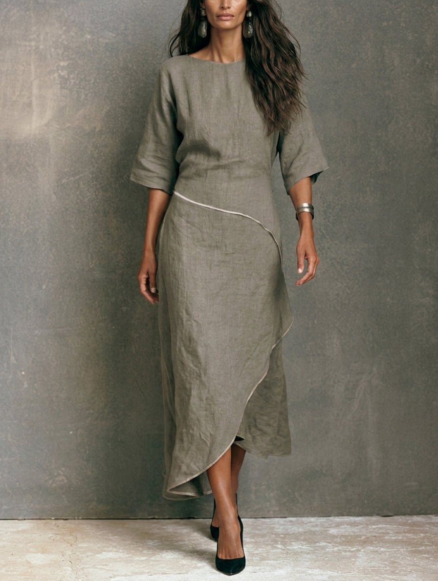 Women's Elegant Grey-Green Cotton-Linen Midi Dress With Mid-Length Sleeves MDZ1378H7LXY