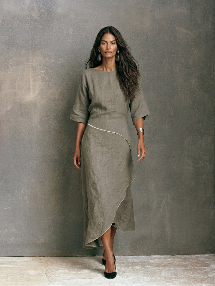 Women's Elegant Grey-Green Cotton-Linen Midi Dress With Mid-Length Sleeves MDZ1378H7LXY