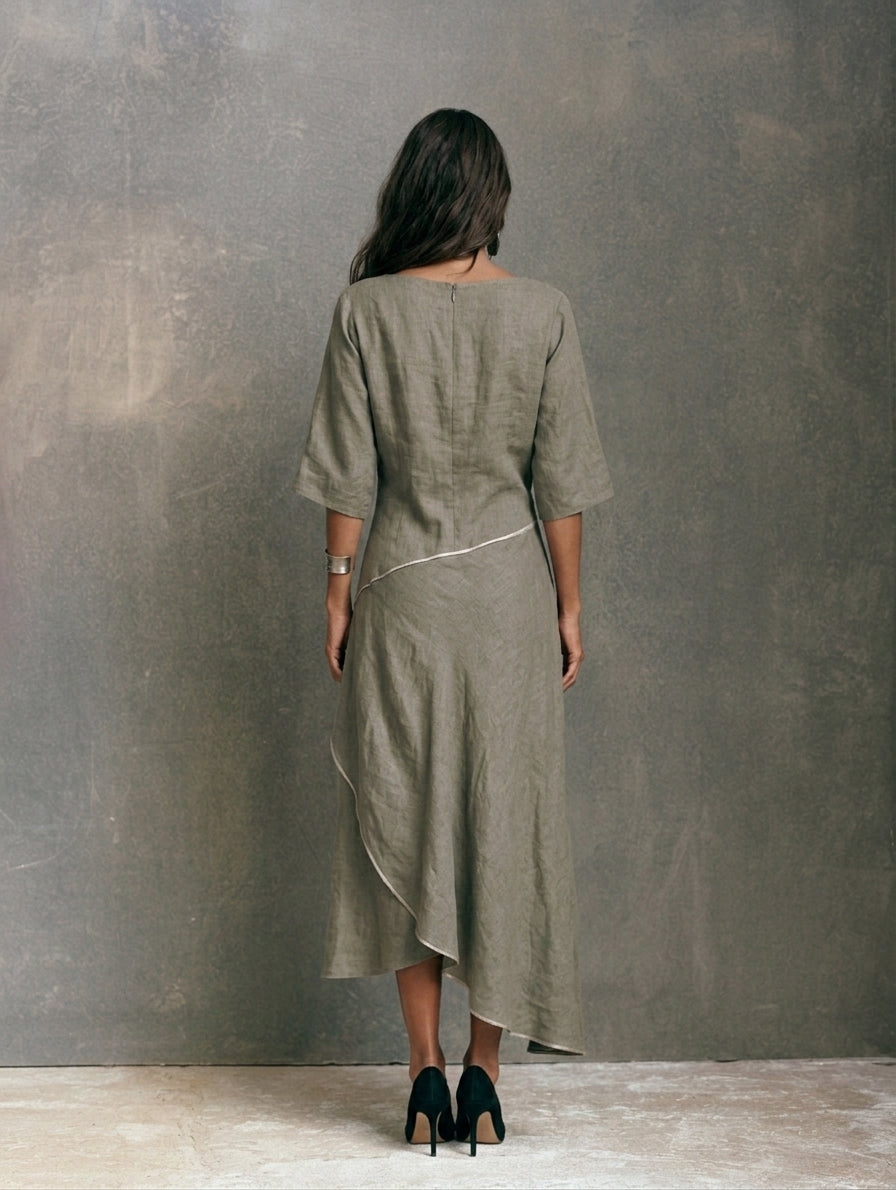 Women's Elegant Grey-Green Cotton-Linen Midi Dress With Mid-Length Sleeves MDZ1378H7LXY