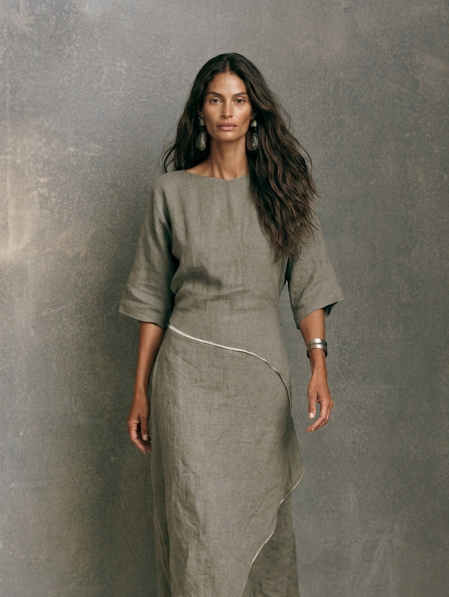 Women's Elegant Grey-Green Cotton-Linen Midi Dress With Mid-Length Sleeves MDZ1378H7LXY