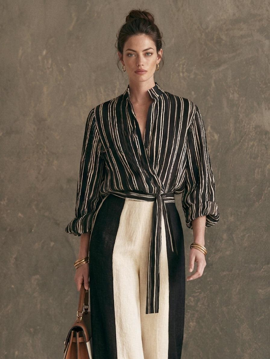 Women's Elegant Black And White Striped Print Shirt And Cotton-Linen Trousers 2-Piece Set MDZ1308H6LXY