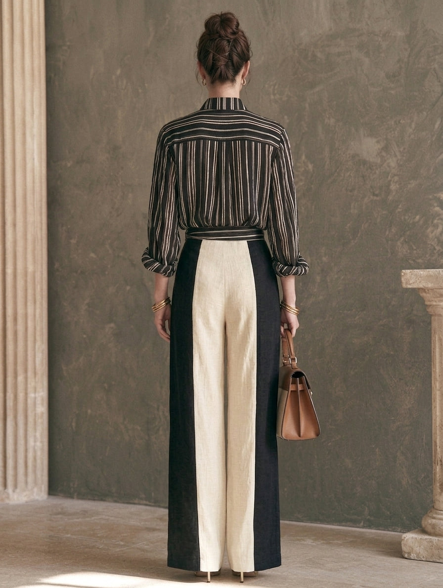 Women's Elegant Black And White Striped Print Shirt And Cotton-Linen Trousers 2-Piece Set MDZ1308H6LXY