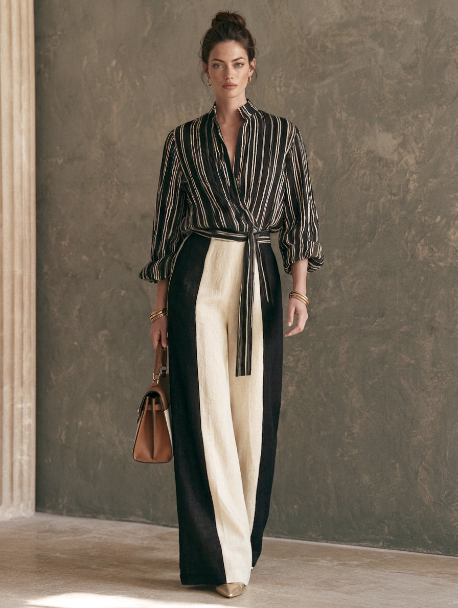Women's Elegant Black And White Striped Print Shirt And Cotton-Linen Trousers 2-Piece Set MDZ1308H6LXY