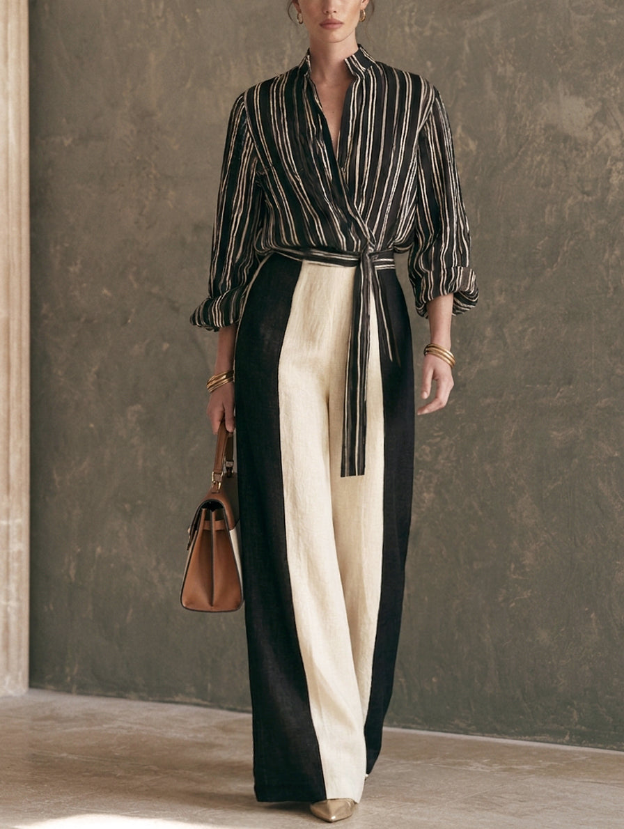 Women's Elegant Black And White Striped Print Shirt And Cotton-Linen Trousers 2-Piece Set MDZ1308H6LXY