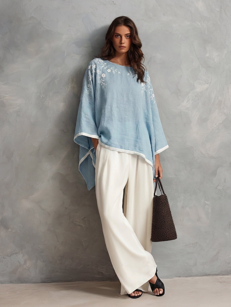 Women's Elegant Blue And White Cotton-Linen Embroidered Batwing-Sleeve Top And Trousers 2-Piece Set MDZ1337H8LXY