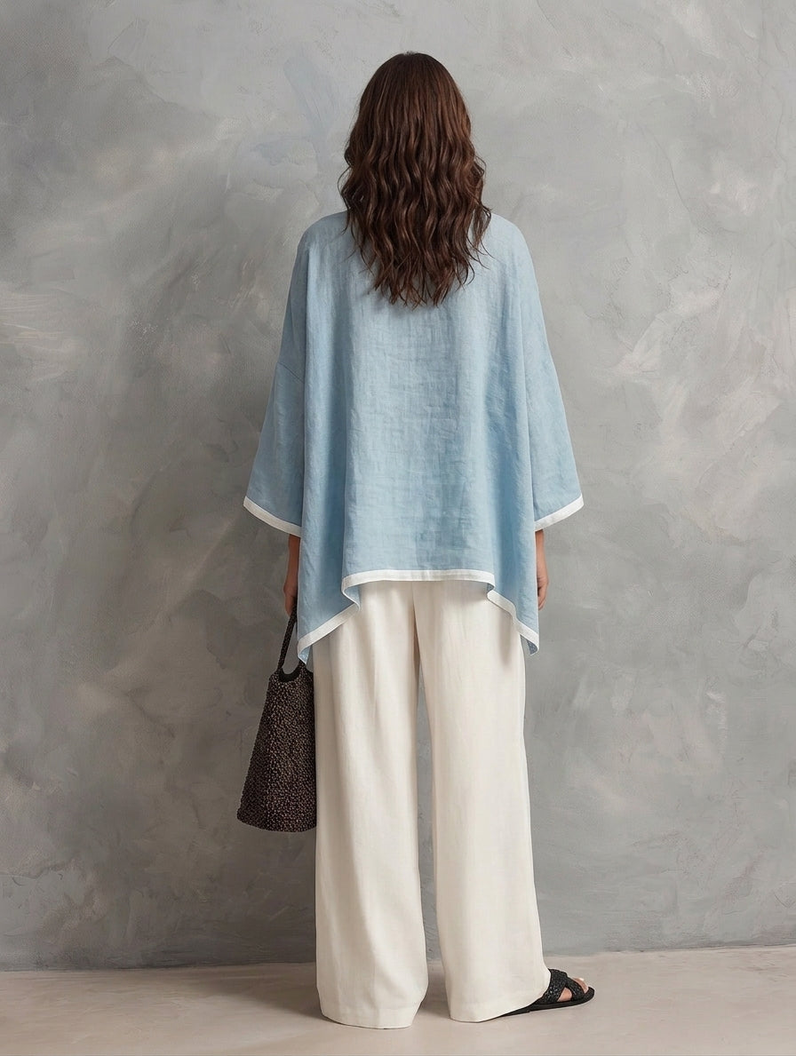 Women's Elegant Blue And White Cotton-Linen Embroidered Batwing-Sleeve Top And Trousers 2-Piece Set MDZ1337H8LXY