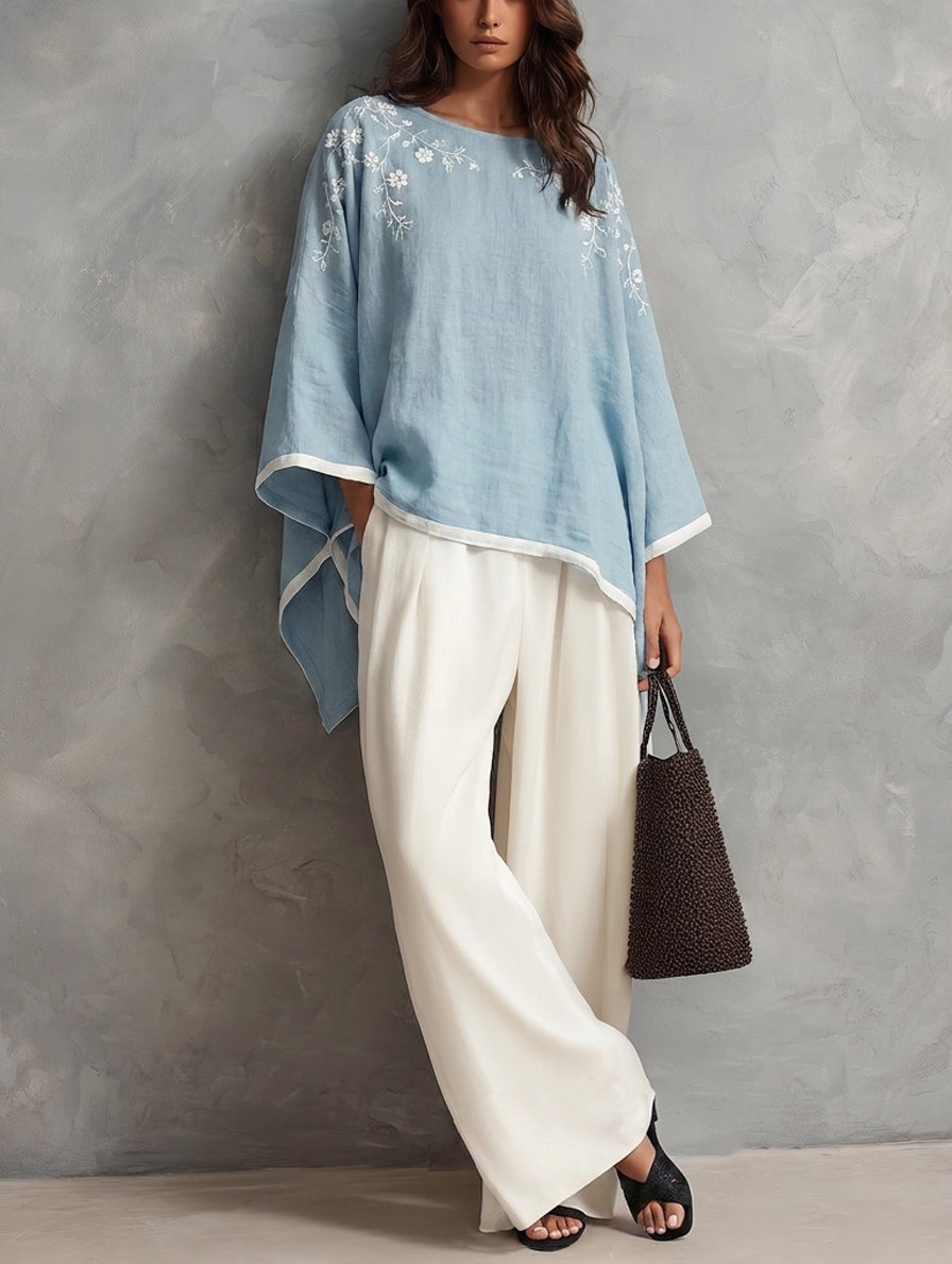Women's Elegant Blue And White Cotton-Linen Embroidered Batwing-Sleeve Top And Trousers 2-Piece Set MDZ1337H8LXY