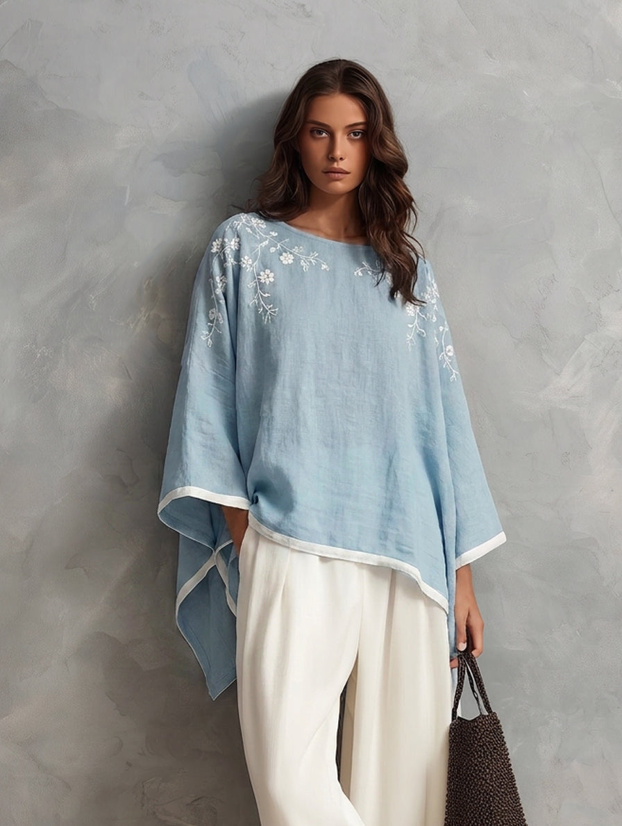 Women's Elegant Blue And White Cotton-Linen Embroidered Batwing-Sleeve Top And Trousers 2-Piece Set MDZ1337H8LXY