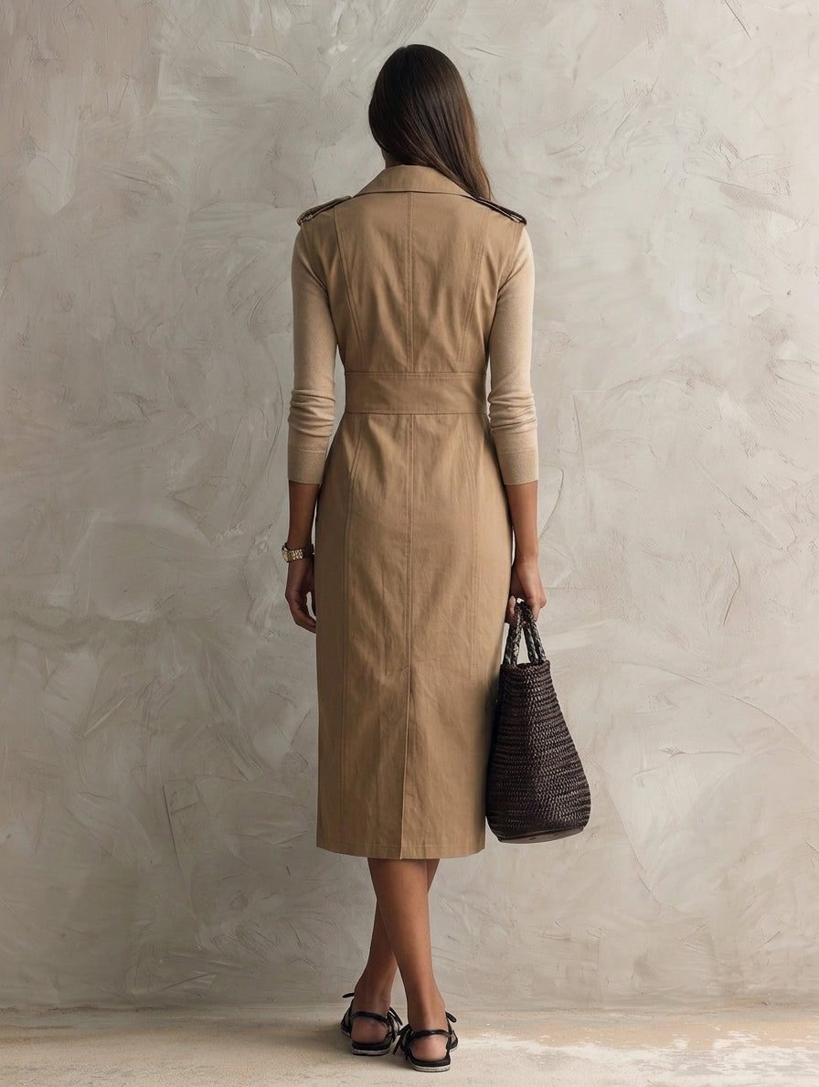Women's Elegant Khaki Sleeveless Woven Midi Dress (Base Layer Not Included) MDZ1389H0LXY