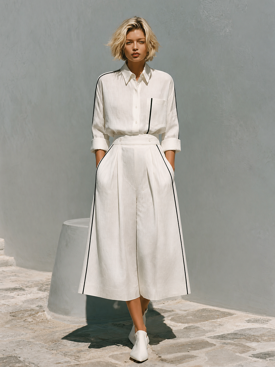 Women's Contrast‑Trim Linen Collared Shirt Culotte Set MDZ1373H1LYL