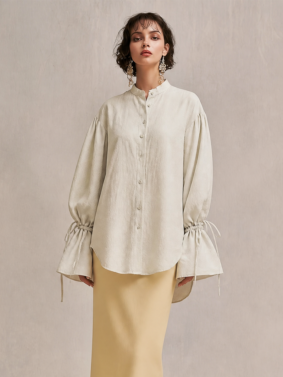 Women's Tie‑Cuff Blend Stand Collar Balloon Sleeve Shirt MDZ1398H3LYL
