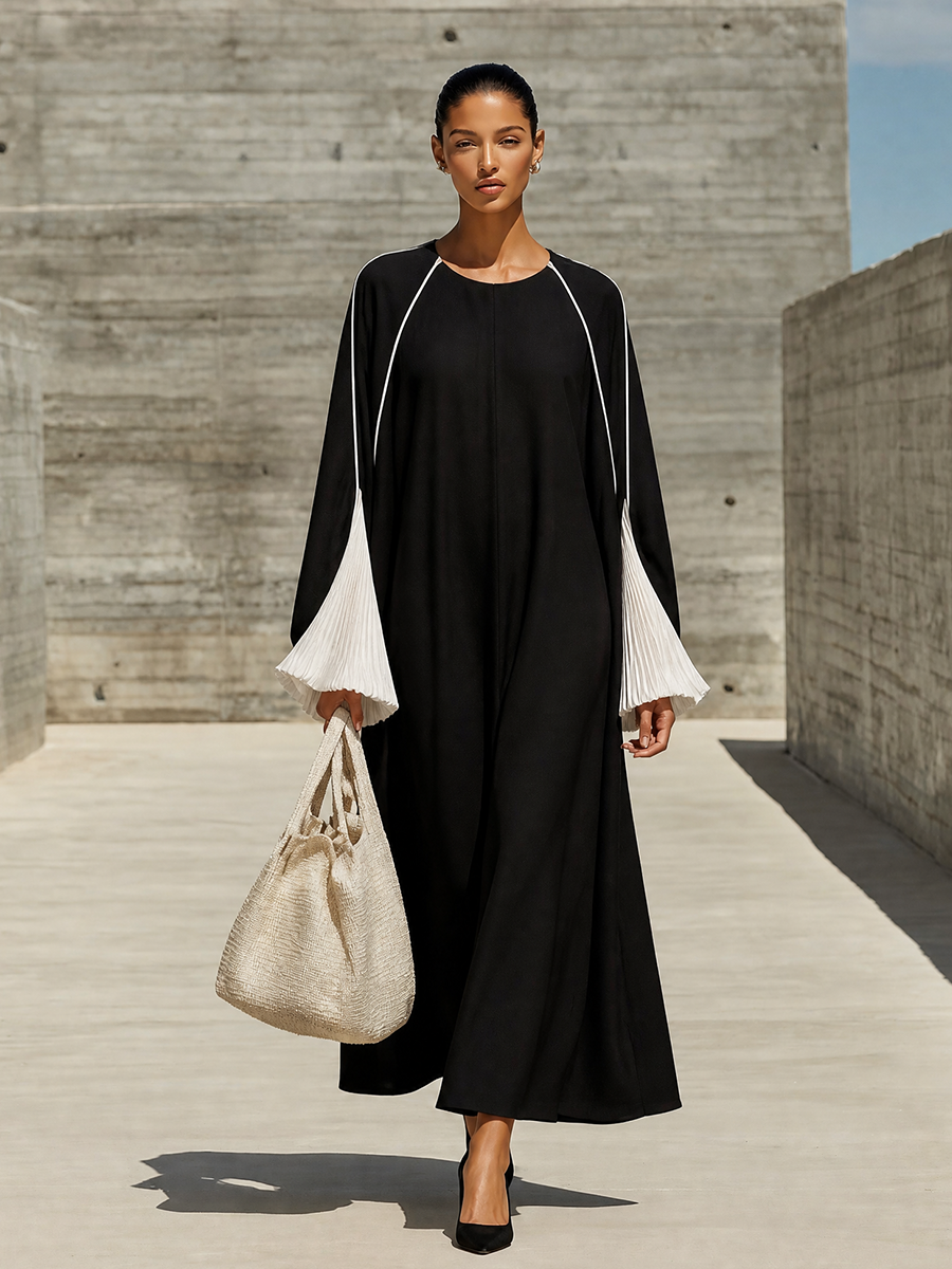 Women's Pleated Contrast Sleeve Formal Abaya Dress MDZ1329H1LYL