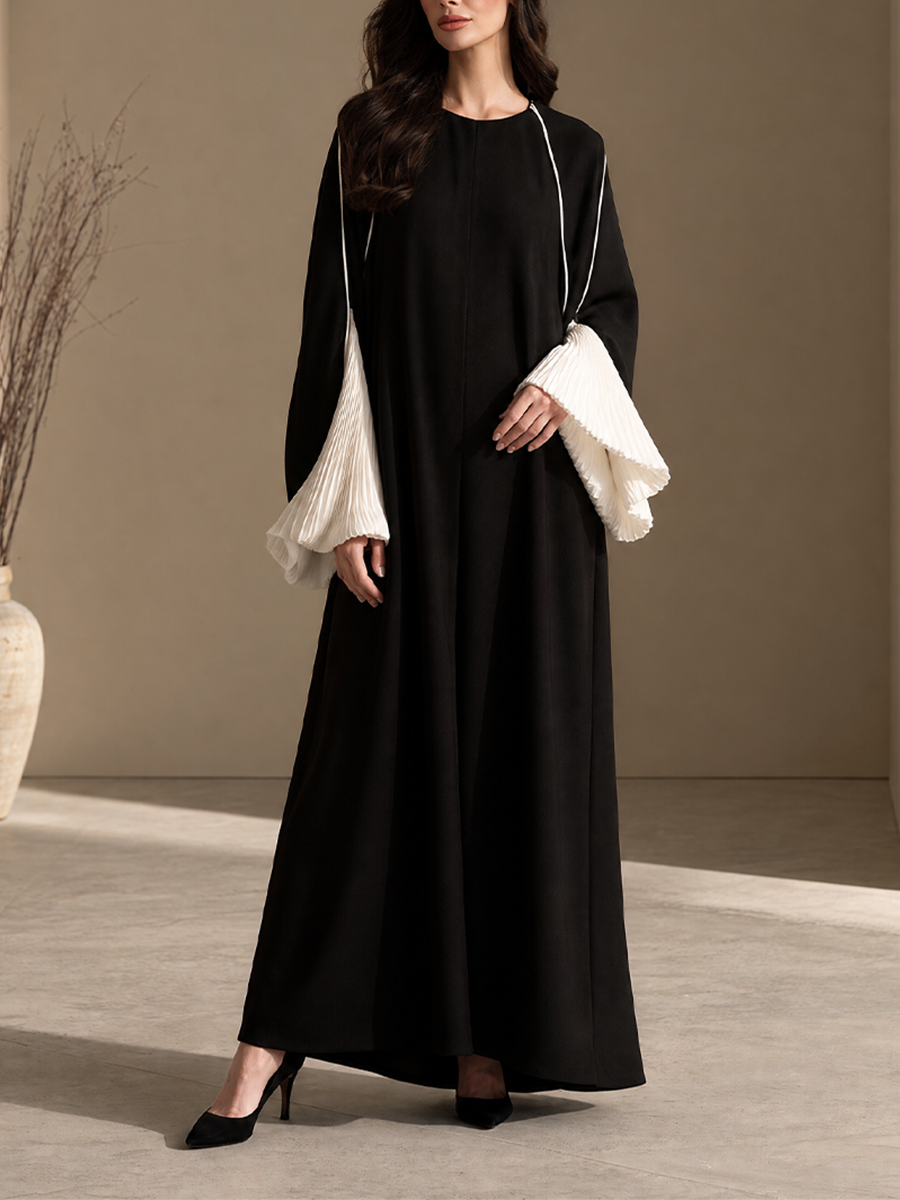 Women's Pleated Contrast Sleeve Formal Abaya Dress MDZ1329H1LYL