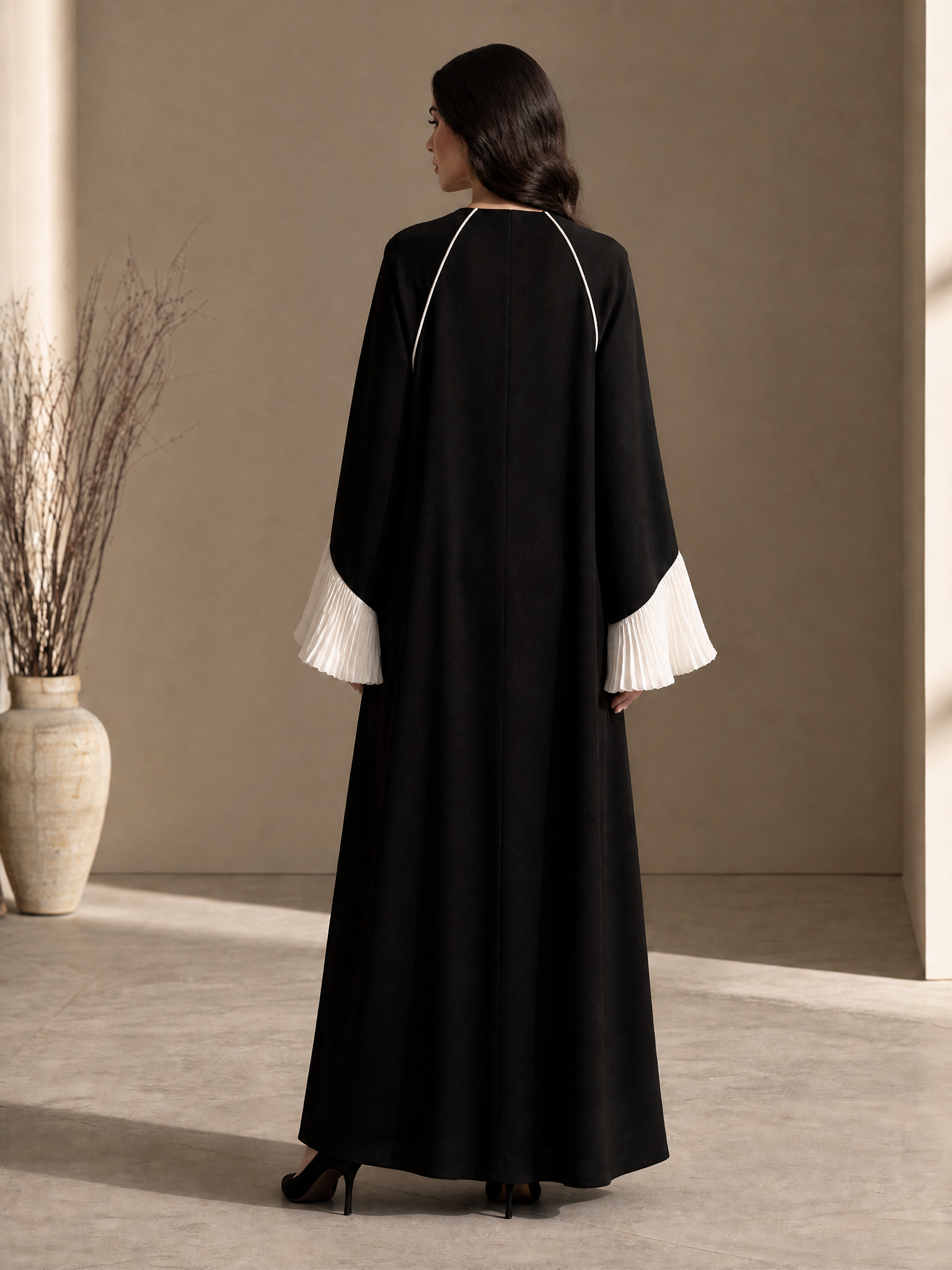 Women's Pleated Contrast Sleeve Formal Abaya Dress MDZ1329H1LYL