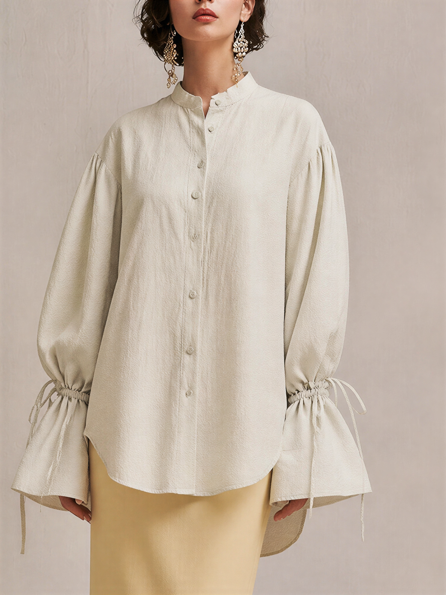 Women's Tie‑Cuff Blend Stand Collar Balloon Sleeve Shirt MDZ1398H3LYL