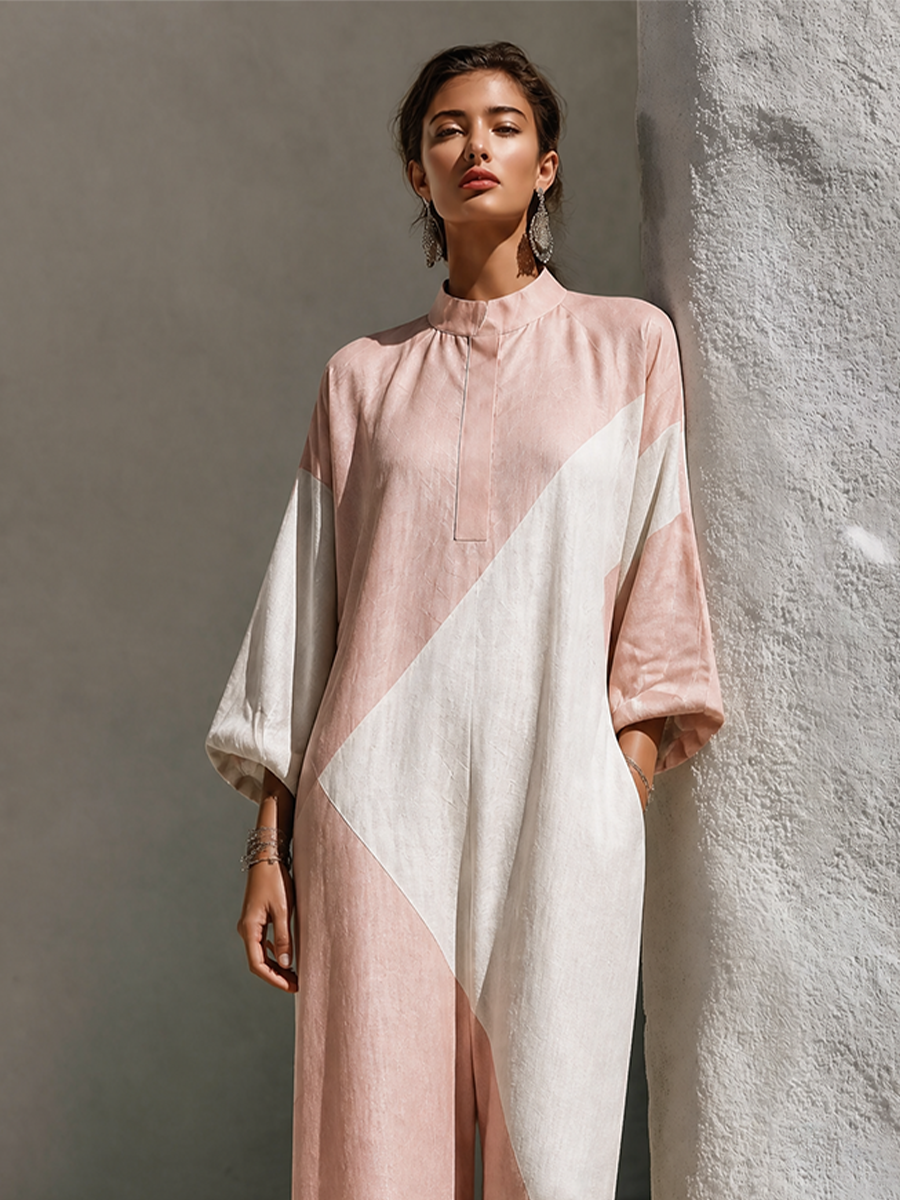 Women's Loose Geometric Linen Stand Collar Wide Leg Jumpsuit MDZ1339H1LYL