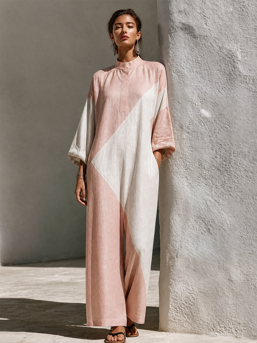 Women's Loose Geometric Linen Stand Collar Wide Leg Jumpsuit MDZ1339H1LYL