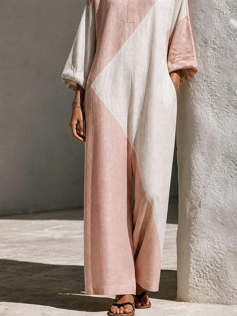 Women's Loose Geometric Linen Stand Collar Wide Leg Jumpsuit MDZ1339H1LYL
