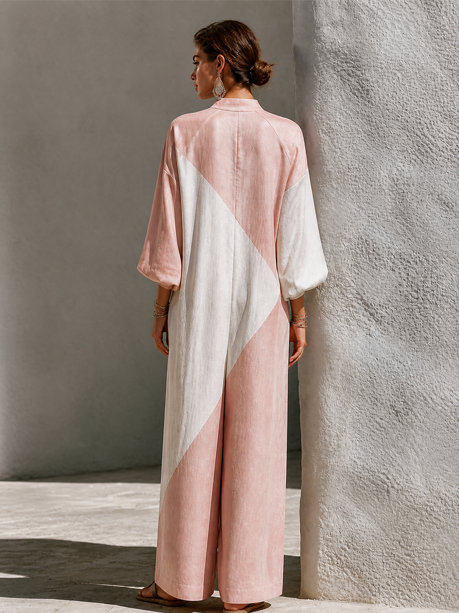 Women's Loose Geometric Linen Stand Collar Wide Leg Jumpsuit MDZ1339H1LYL