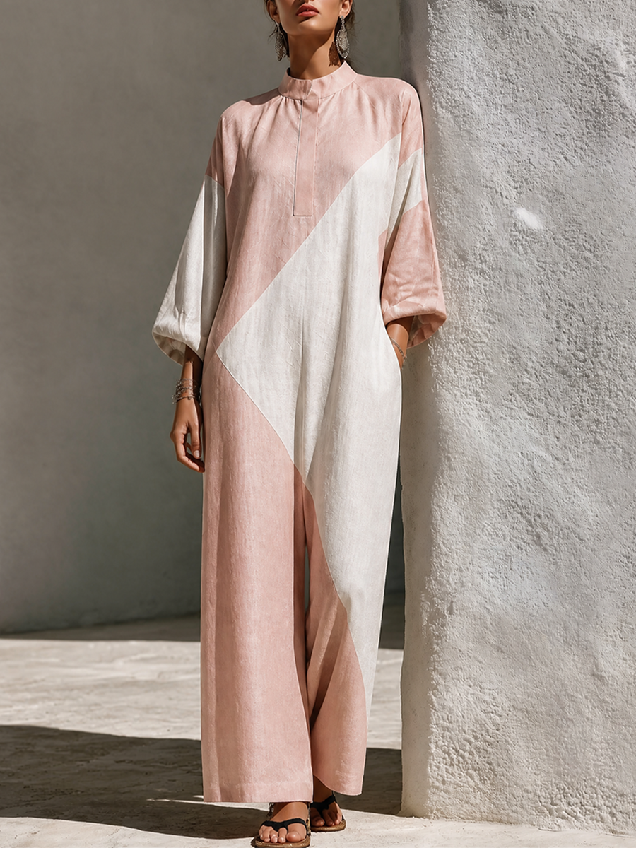 Women's Loose Geometric Linen Stand Collar Wide Leg Jumpsuit MDZ1339H1LYL