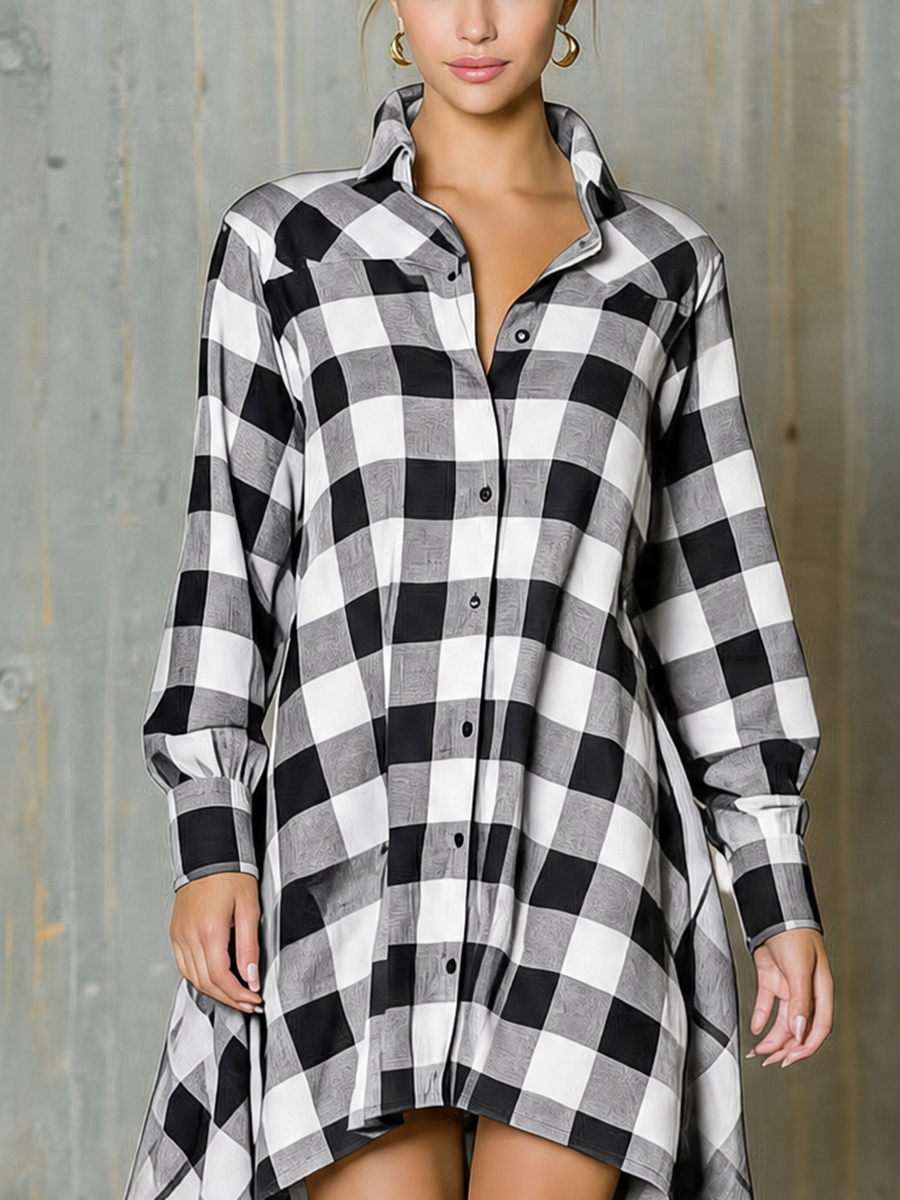 Women's Long Sleeve Buffalo Plaid High Low Shirt Dress MDZ1236H7YZJ