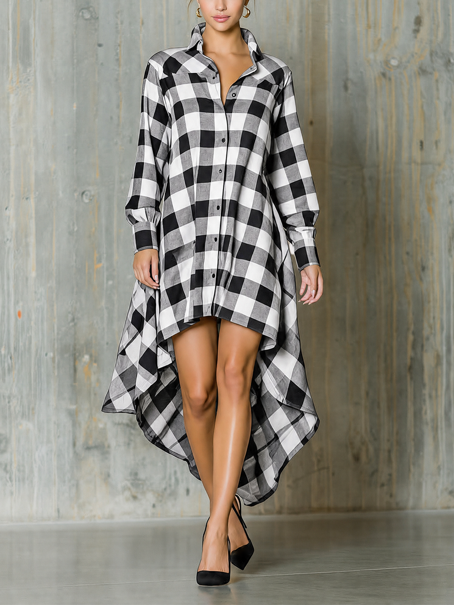 Women's Long Sleeve Buffalo Plaid High Low Shirt Dress MDZ1236H7YZJ