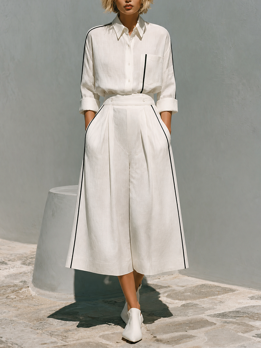 Women's Contrast‑Trim Linen Collared Shirt Culotte Set MDZ1373H1LYL