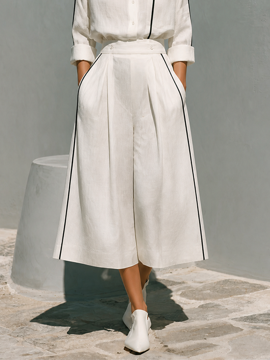 Women's Contrast‑Trim Linen Collared Shirt Culotte Set MDZ1373H1LYL