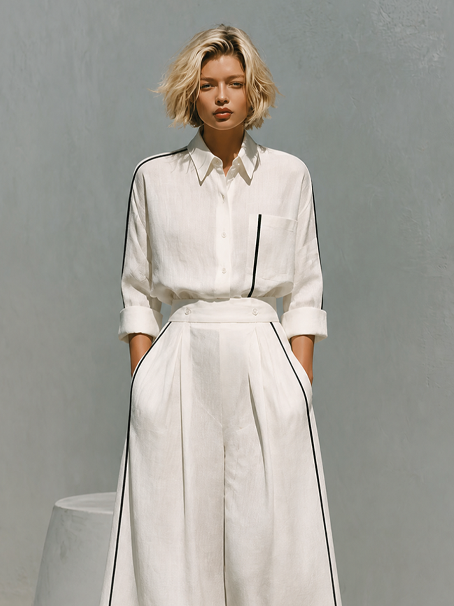 Women's Contrast‑Trim Linen Collared Shirt Culotte Set MDZ1373H1LYL