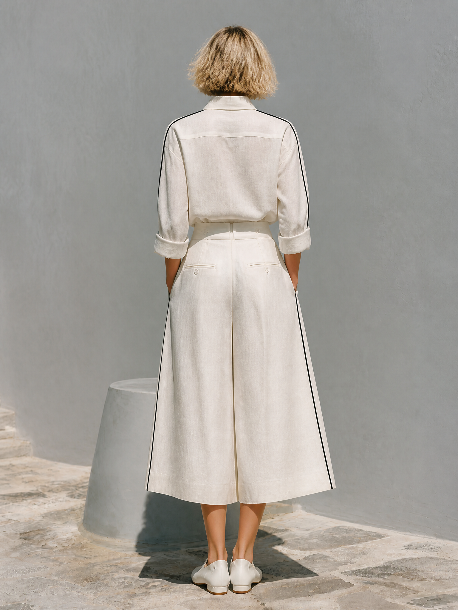 Women's Contrast‑Trim Linen Collared Shirt Culotte Set MDZ1373H1LYL