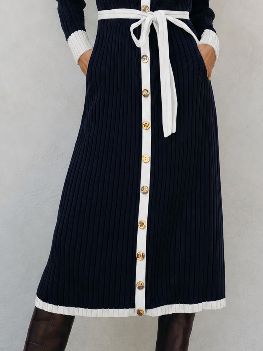 Women's Long Sleeve Contrast Trim Button Navy Sweater Dress MDZ1266H0YZJ
