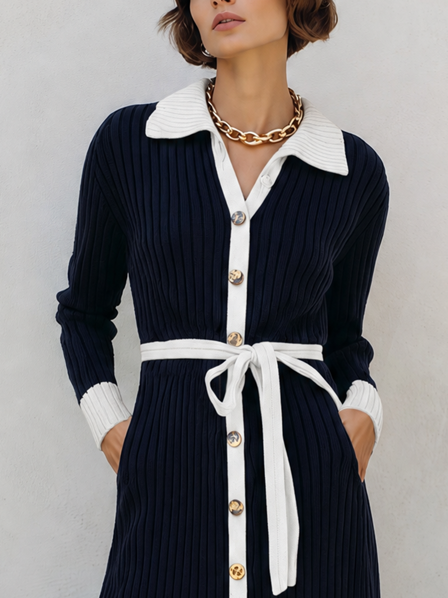 Women's Long Sleeve Contrast Trim Button Navy Sweater Dress MDZ1266H0YZJ
