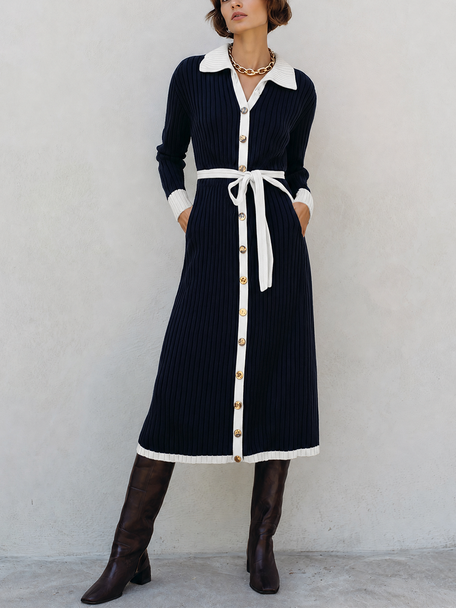 Women's Long Sleeve Contrast Trim Button Navy Sweater Dress MDZ1266H0YZJ