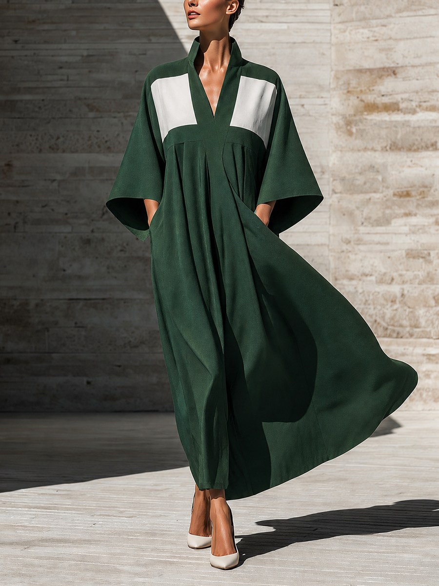 Women's Kimono Sleeve V Neck Colorblock Green Maxi Dress MDZ1203H8YZJ