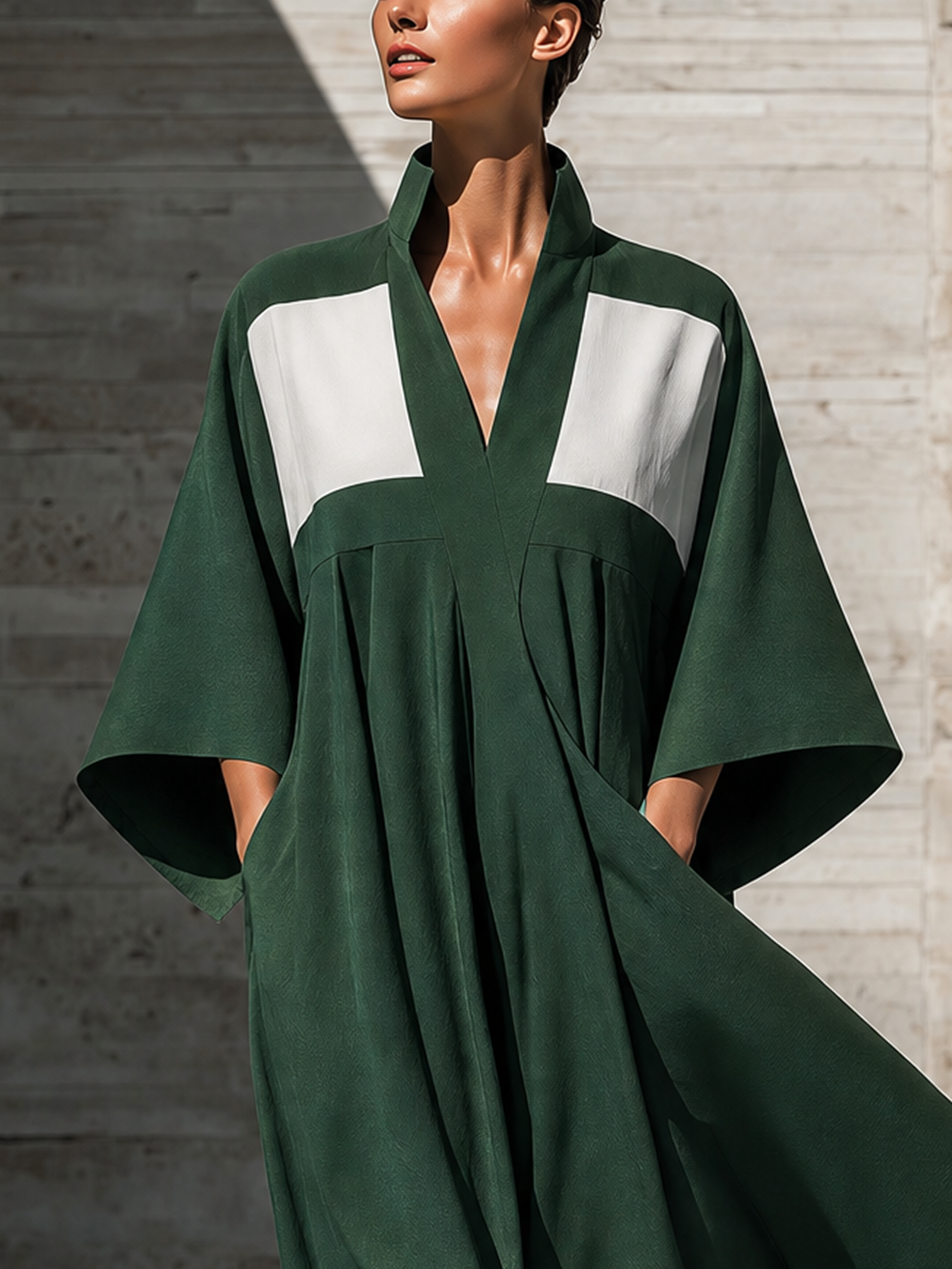 Women's Kimono Sleeve V Neck Colorblock Green Maxi Dress MDZ1203H8YZJ