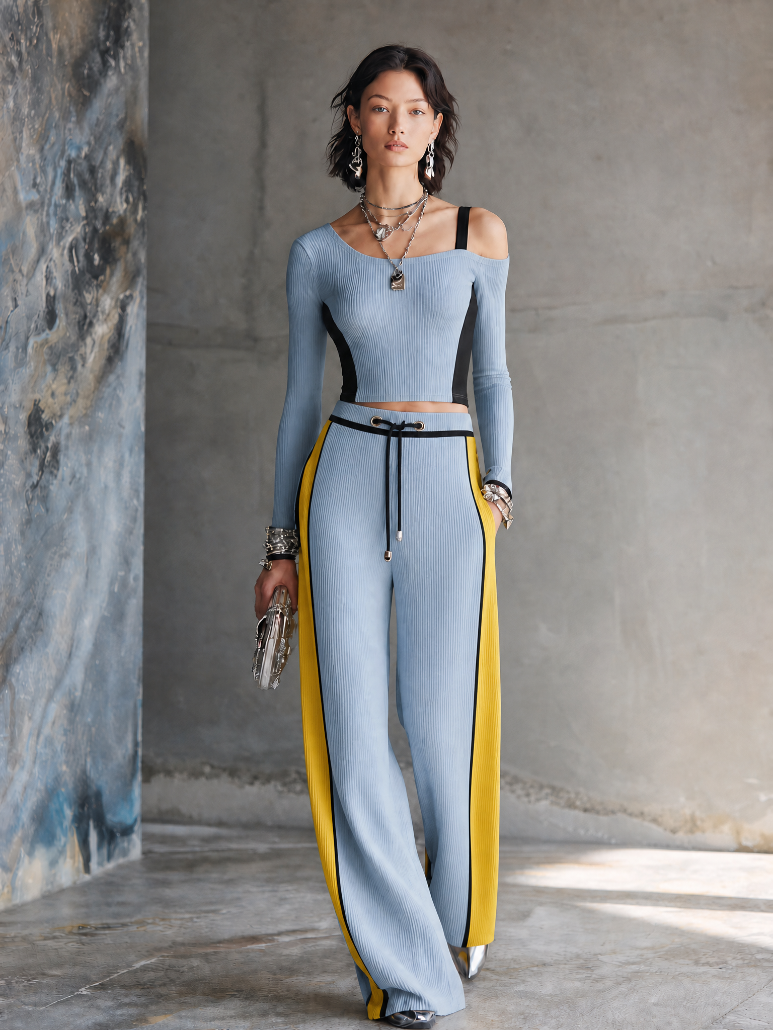 Women's Colorblock Sporty Knit Wide-Leg Pants Set MDZ1301H0GMJ